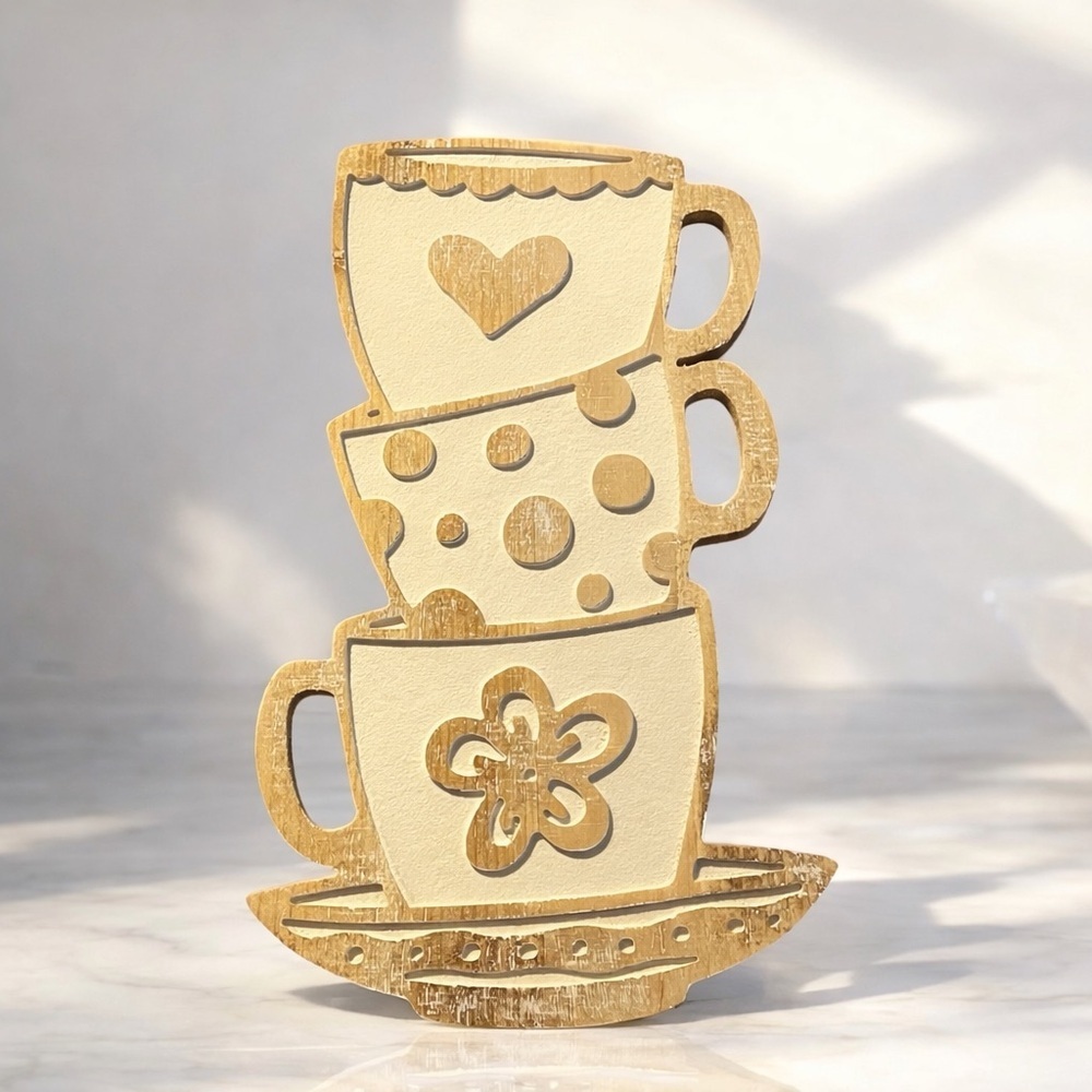 Toppling Teacups Etched Wooden Wall Hanging Plaque Heart Dots Flower Rustic